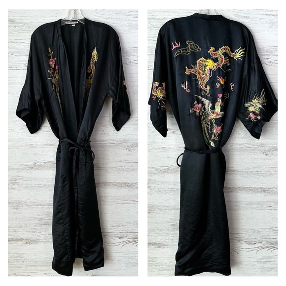 VINTAGE 100% Silk Embroidered Dragon Bird Kimono Robe Unisex - Picture 2 of 16